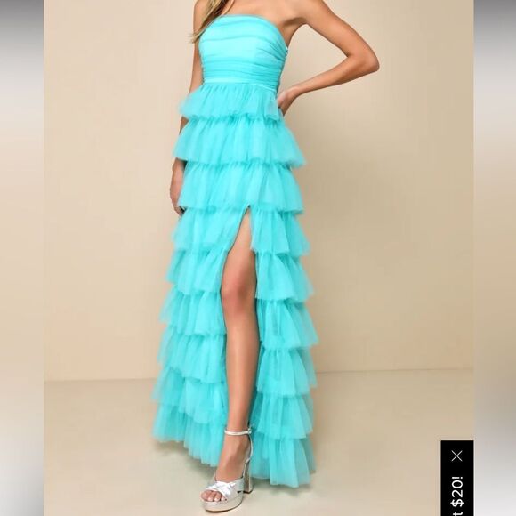 NWT Lulu’s Fabulous Existence Teal Green Tulle Strapless Tiered Maxi Dress Sz M - Picture 4 of 15